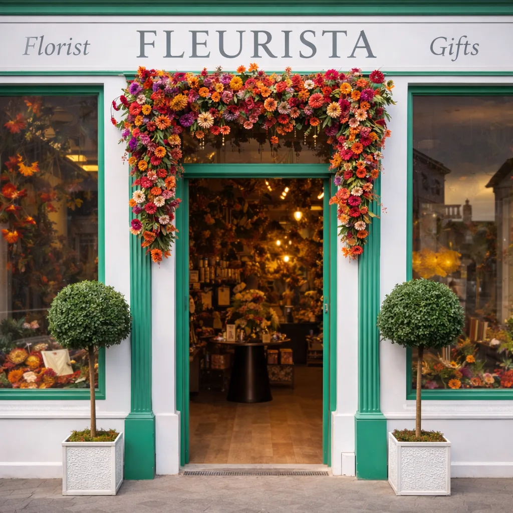 Fleurista shopfront on Main Street Drumkeeran: teal painted door frame with flower garland arched over the entrance, white walls with painted serif Florist and Gifts signage flanking the FLEURISTA name, two topiary trees in white planters on either side of the open door