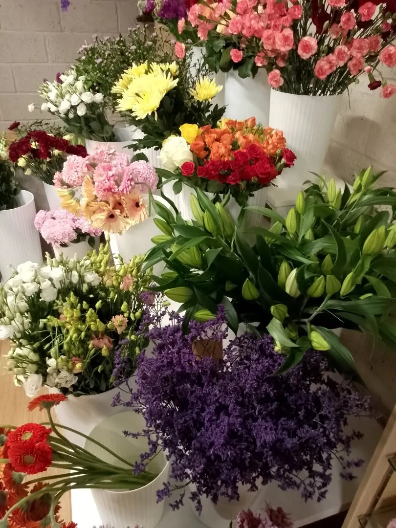 Working florist bench with rows of white buckets holding fresh cut flowers: pink and white carnations, yellow chrysanths, lilies in bud, roses, lisianthus, gerbera and statice lavender
